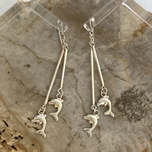 Sterling Silver 925 2.5" Long Bar Dainty Jumping Dolphin Dangle Earrings - Picture 16 of 16